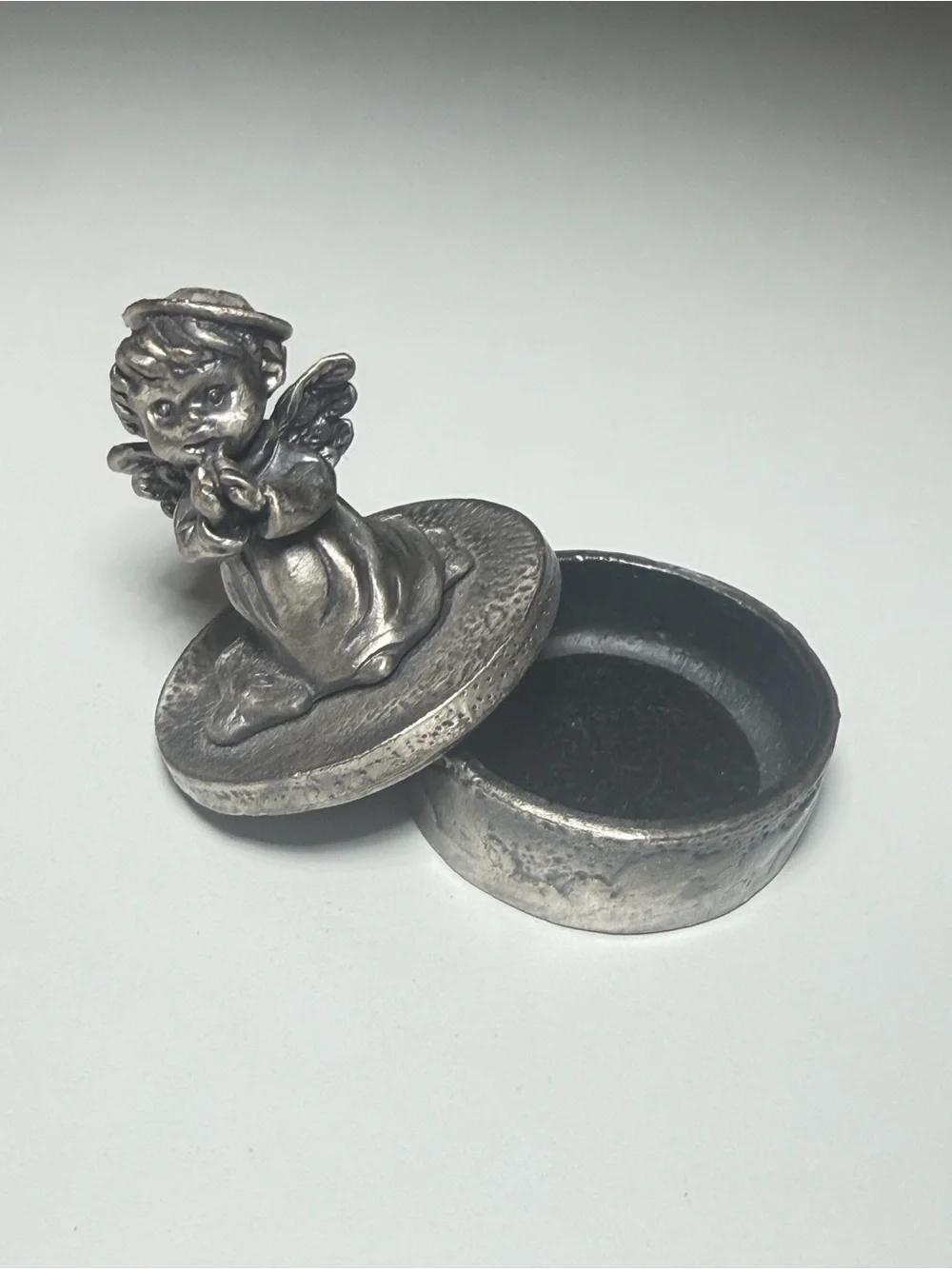 Pewter Tooth Fairy Angel Trinket Box Rhinestone Halo Vintage